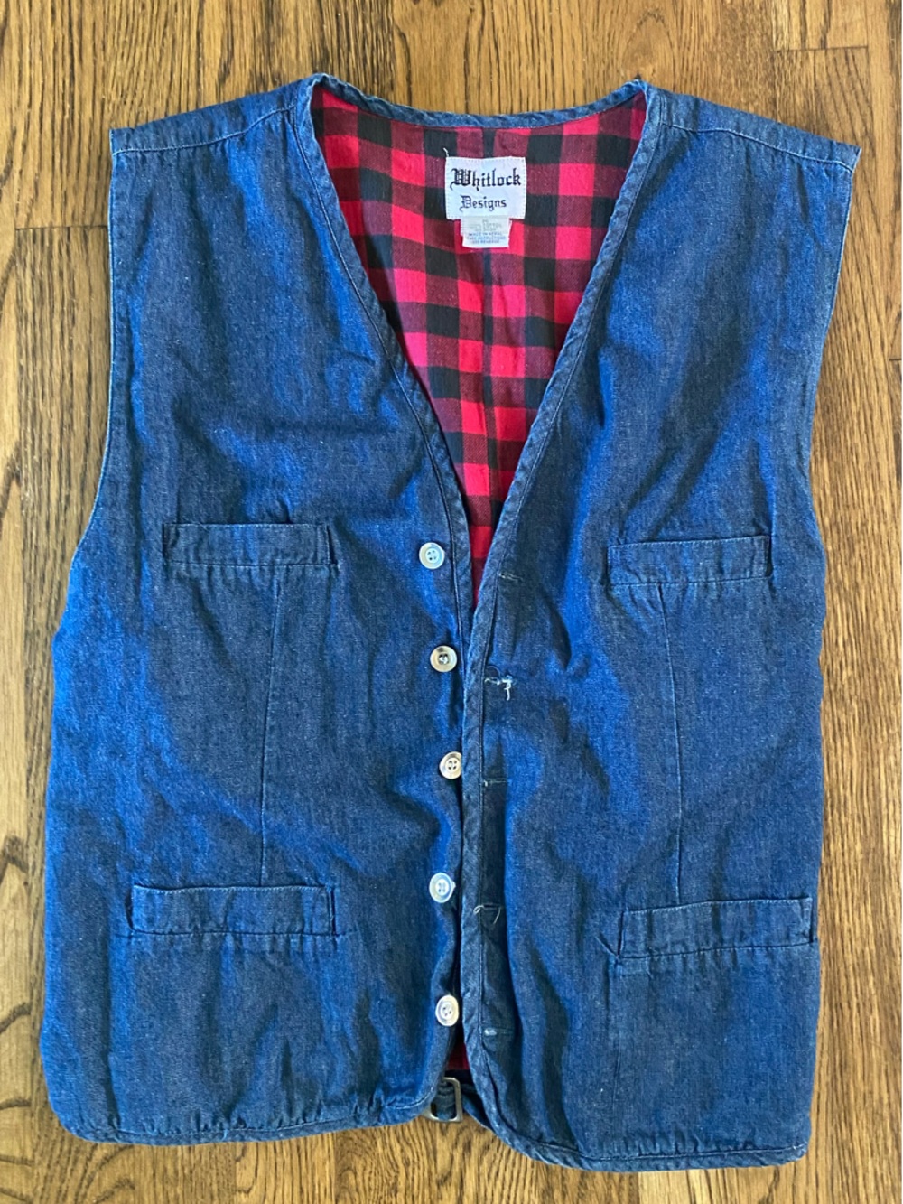 Vintage Denim Button-Up Farmer Vest with Red Buffalo Plaid Lining 100% Cotton